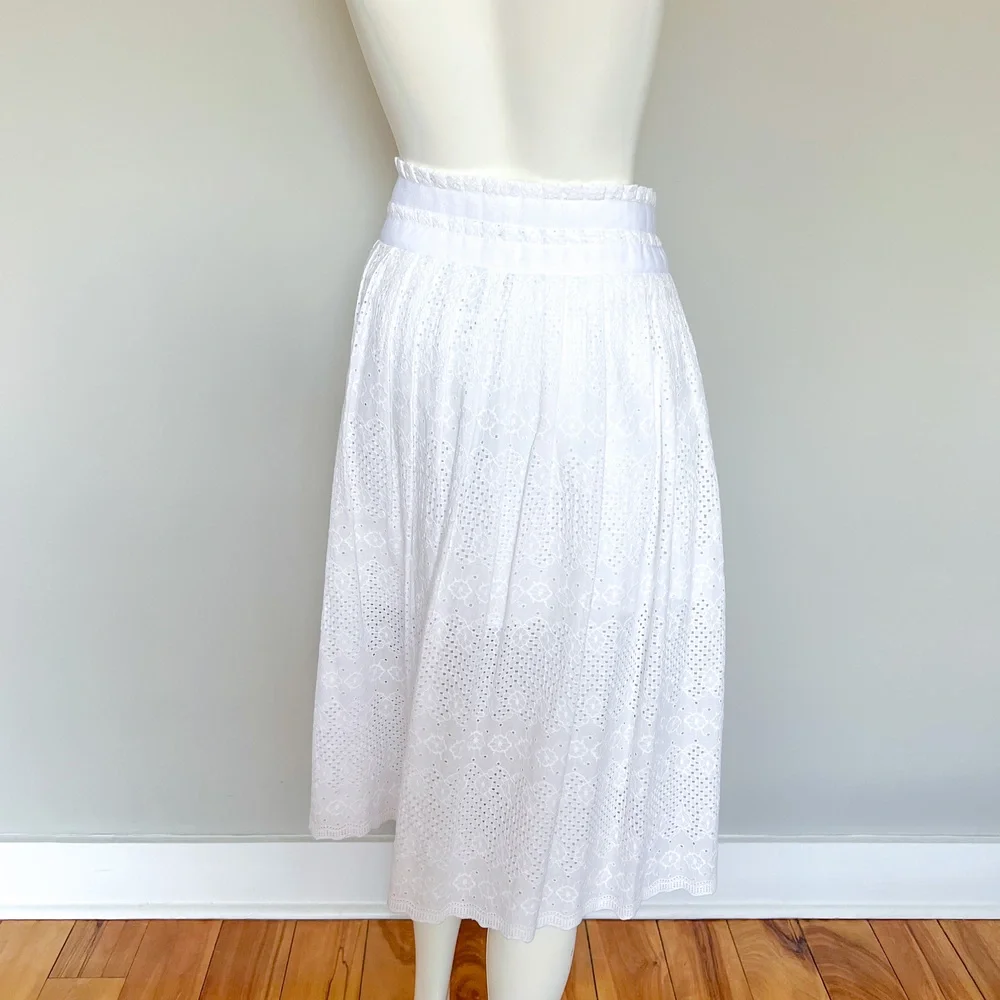 Liu Jo White Eyelet Pleated Cotton Asymmetrical Skirt 6US 42IT Italy Made NWT